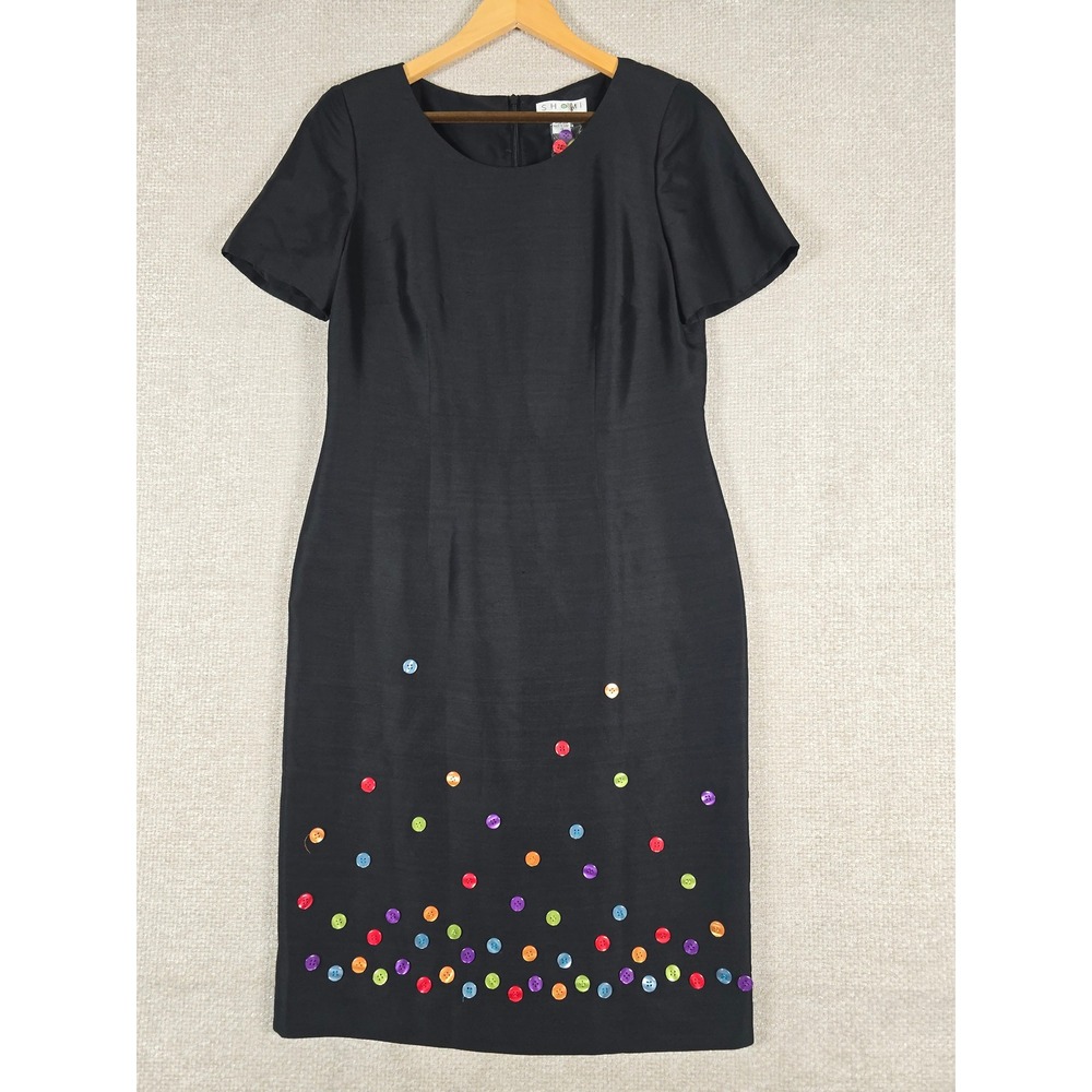 SHOMI Silk‎ Black Dress Womens 10 Colorful Button Embellished Artsy Short Sleeve
